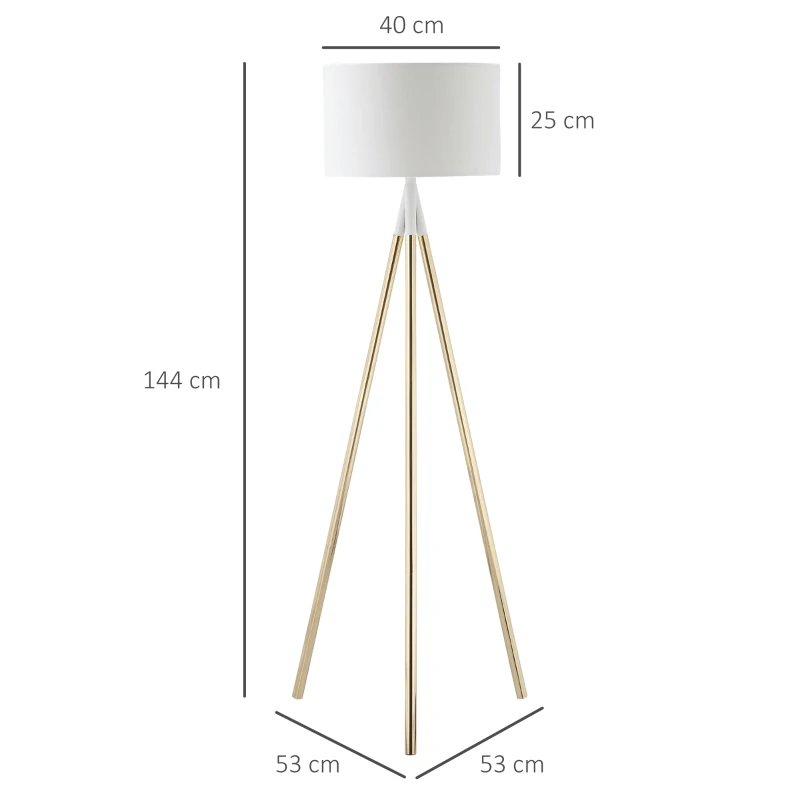 HOMCOM Lámpara de Pie con Trípode de Metal E27 Máx. 40W Pantalla de Tela e Interruptor de Pie Lámpara de Suelo Moderna para Salón Dormitorio Ø53x144 cm Blanco y Dorado