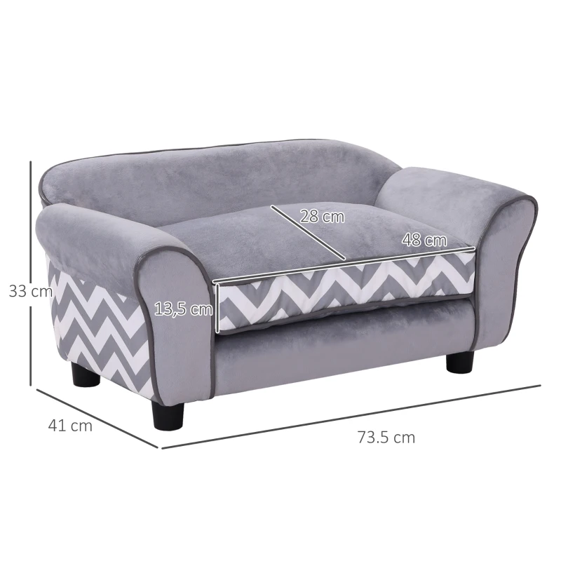 PawHut Hundesofa, Haustiersofa mit erhöhten Füßen, Hundecouch, Hundeliege mit Kissen, Hundebett, Katzensofa, Waschbar, Samt, Grau, 73,5 x 41 x 33 cm