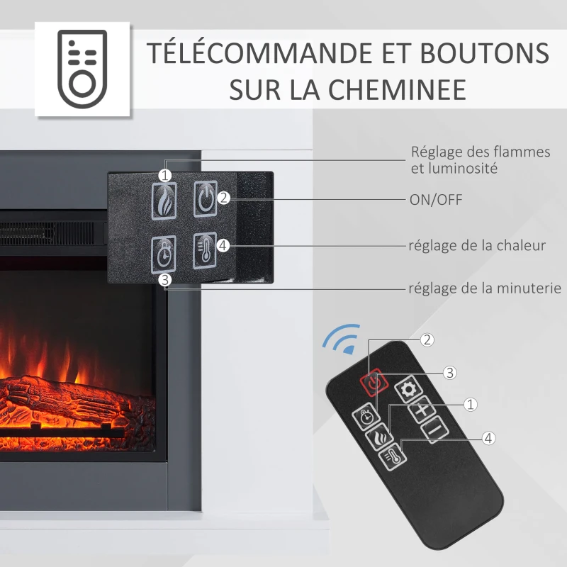 HOMCOM Cheminée électrique Grande Taille 2000 W Effet Flammes LED minuteur température luminosité réglable télécommande fournie Blanc