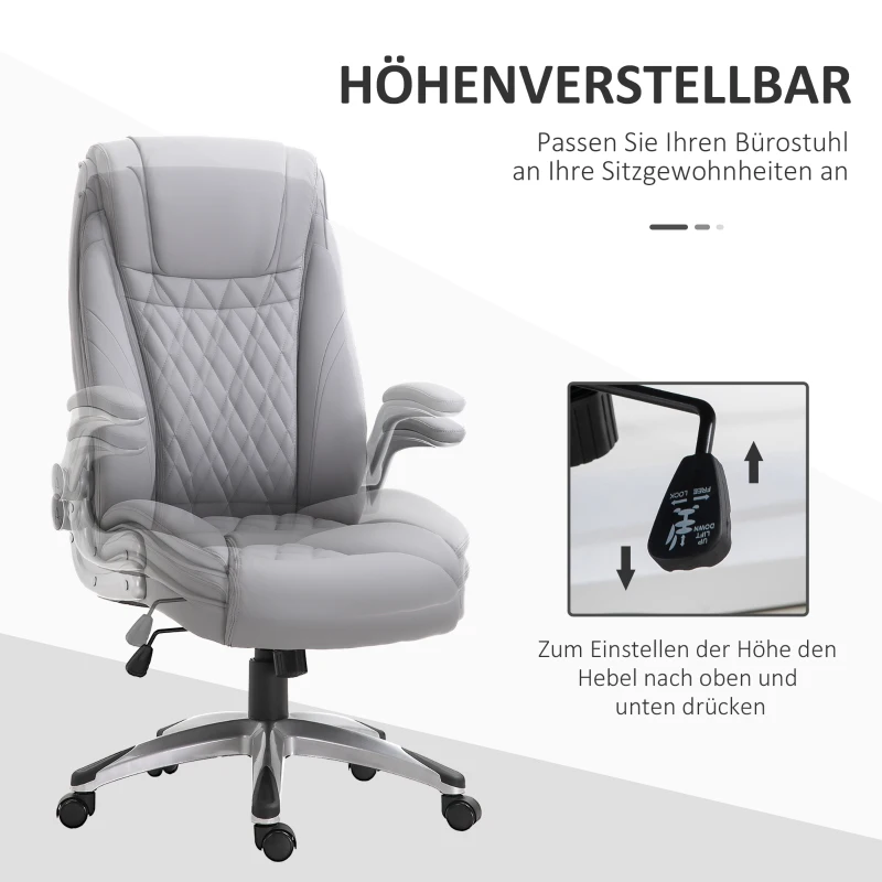 Vinsetto Bürostuhl Ergonomischer Drehstuhl Computerstuhl mit Wippfunktion höhenverstellbar mit Kopfstütze und gepolsterte Armlehnen Kunstleder Grau 70 x 71 x 113–121 cm