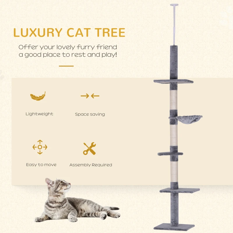 PawHut Floor to Ceiling Cat Tree Height Adjustable 230-260cm, 5-Tier Cat Tower with Scratching Post, Hammock, Perches, Climbing Activity Centre for Indoor Kittens, Grey