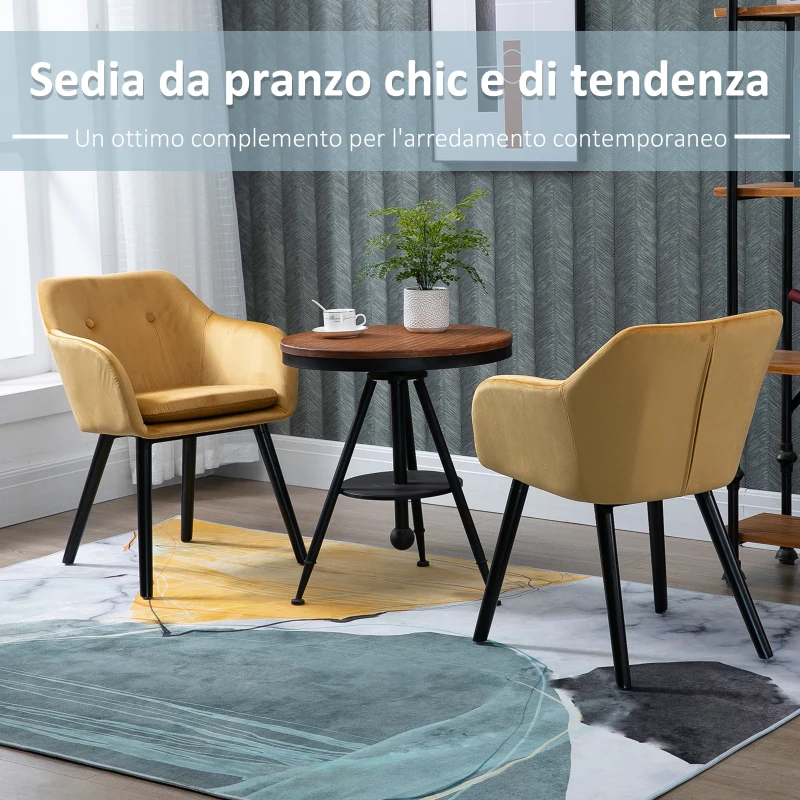 HOMCOM Set di 2 Sedie per Sala da Pranzo con Braccioli Imbottite e in Velluto, 54x56x74cm, Giallo