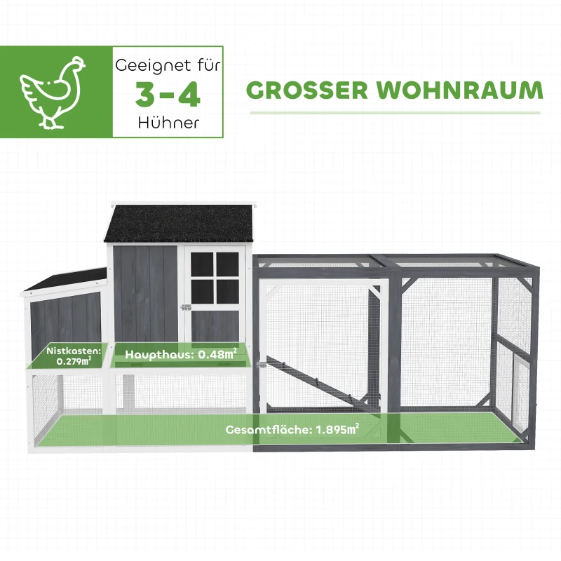 PawHut Hühnerstall mit Auslauf für 3-4 Hühner, 3-tlg. Nistkasten, 1,9 m² Fläche, Tannenholz, Grau(m-4)