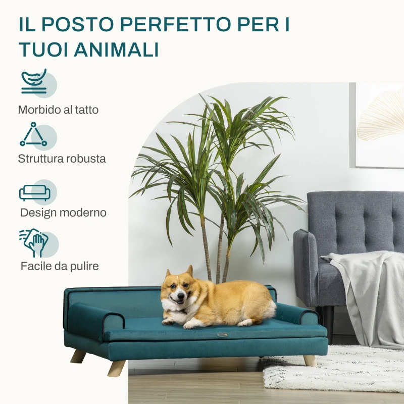PawHut Divano per Cani Grandi con Imbottitura, Rivestimento Morbido e Lavabile, Gambe in Legno, Verde