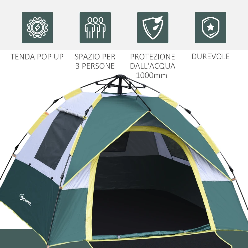 Outsunny Tenda da Campeggio 2 Posti con Apertura Automatica, Tasche Interne e Tappetino, 205x195x135 cm, Verde Oliva