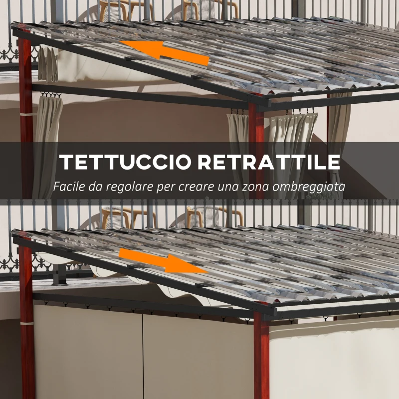 Outsunny Pergola con Tende Laterali e Tetto Retrattile in PC, in Alluminio e Metallo, 345x300x215-255 cm, Crema