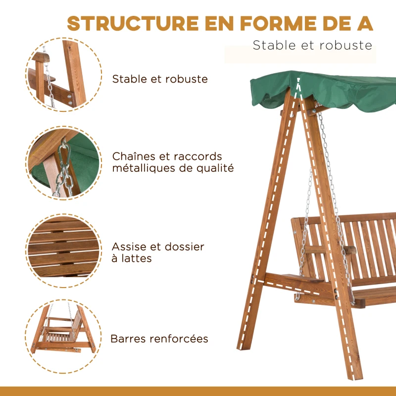 Outsunny Balancelle de Jardin 3 Places Toit imperméabilisé 2 tablettes Support 1,9L x 1,3l x 1,85H m Charge Max. 360 Kg Bois de pin Vert