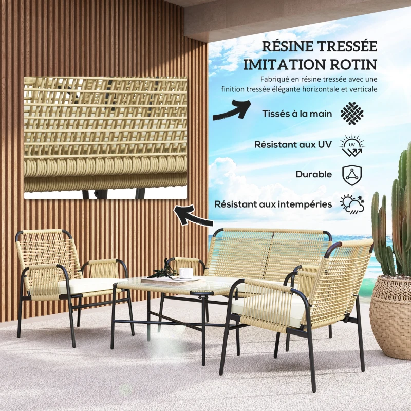 Outsunny Ensemble salon de jardin 4 pièces canapé 2 places 2 fauteuils 1 table basse avec coussins