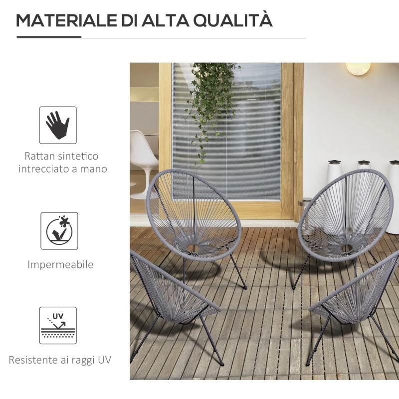 Outsunny Set di 4 Sedie da Giardino Ovali in Rattan PE e Metallo in Stile Boho Chic, Grigio Chiaro