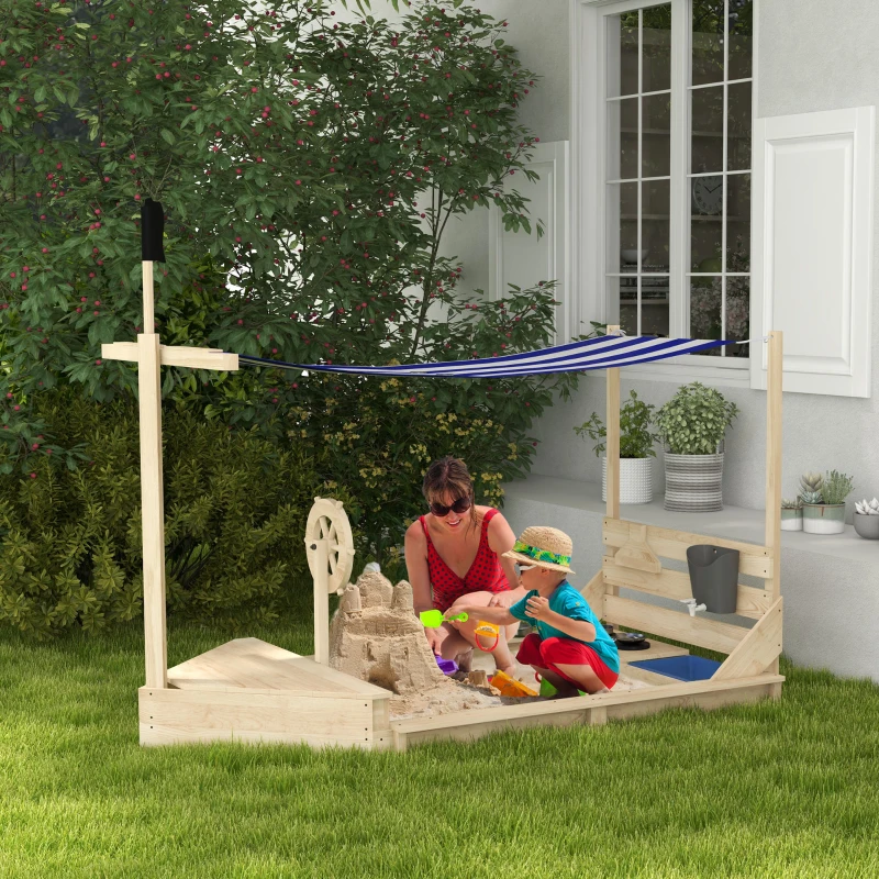 Outsunny Sandkasten mit Sonnendach Piratenschiff, inkl. Kinderküchenspielset, Massivholz, 180 x 103 x 144,5 cm, Natur + Blau(m-2)