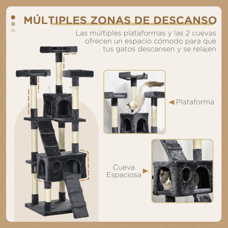 PawHut Árbol para Gatos Torre para Gatos con Nidos Escaleras Juguetes Colgantes y Postes de Sisal 49x49x173 cm Gris Oscuro