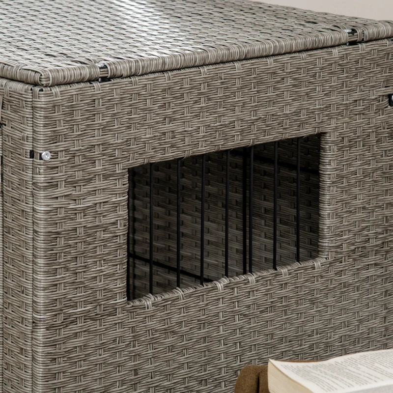 PawHut Wicker Dog Cage, Dog Crate with Lockable Door and Soft Washable Cushion for Medium to Large Sized Dogs, 85 x 61 x 70 cm, Grey
