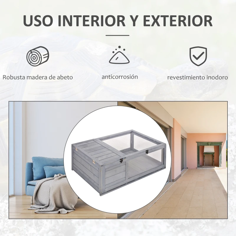 PawHut Casa para Tortugas de Madera con Techo de Malla y Paneles Laterales Transparentes Extraíbles 91x60,5x32 cm Gris