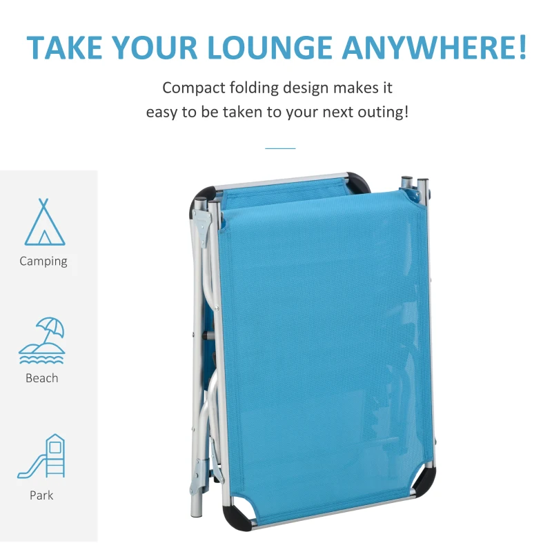 Outsunny Foldable Outdoor Sun Loungers Set of 2, Reclining Lounge Chair Camping Bed Cot with Pillow 4-Level Adjustable Back Aluminium Frame, Blue