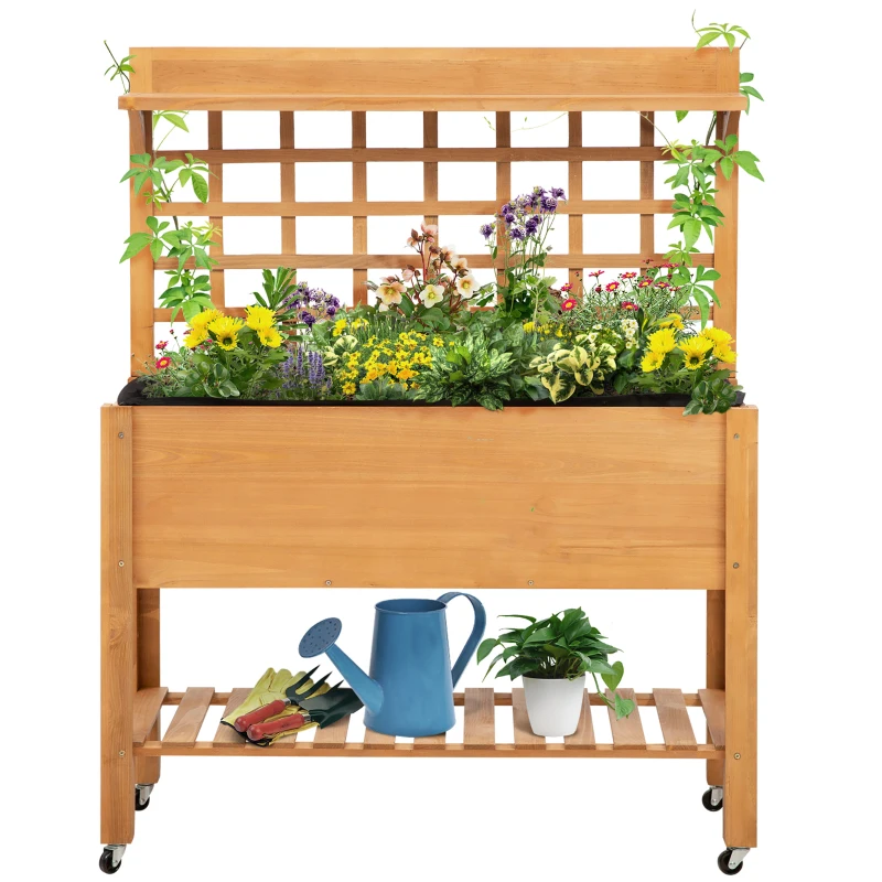 Outsunny Hochbeet Pflanztisch Blumentisch Arbeitstisch Gärtnertisch Gewächshaus Holzpflanztisch für Garten Balkon, 105 x 40 x 135 cm, Tanne, nicht gewebter Stoff, Braun