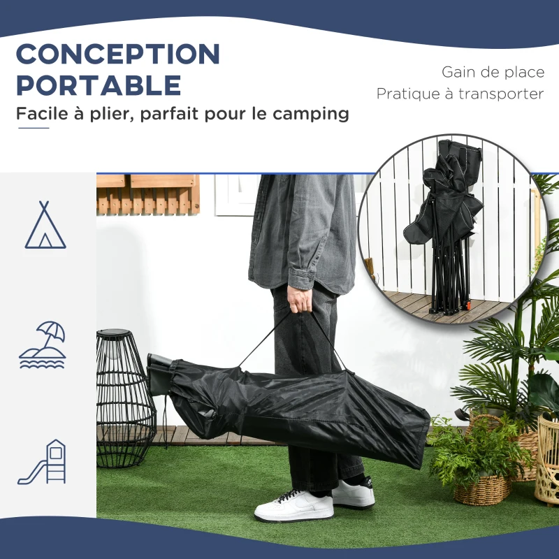 Outsunny Chaise de camping pliable avec repose-pied + Porte-gobelets + coussin appui-tête et sac de transport inclus noir