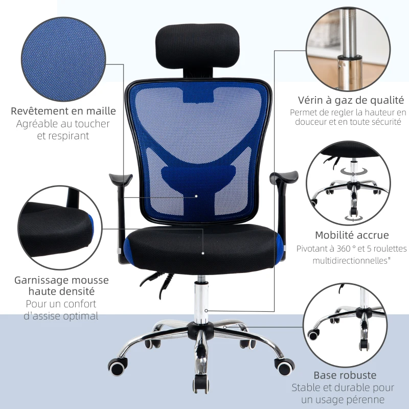 Vinsetto Chaise de bureau, fauteuil de bureau ergonomique en maille avec hauteur et appui-tête réglable, dossier inclinable et support lombaire, pour chambre, télétravail, charge 120 Kg, noir et bleu
