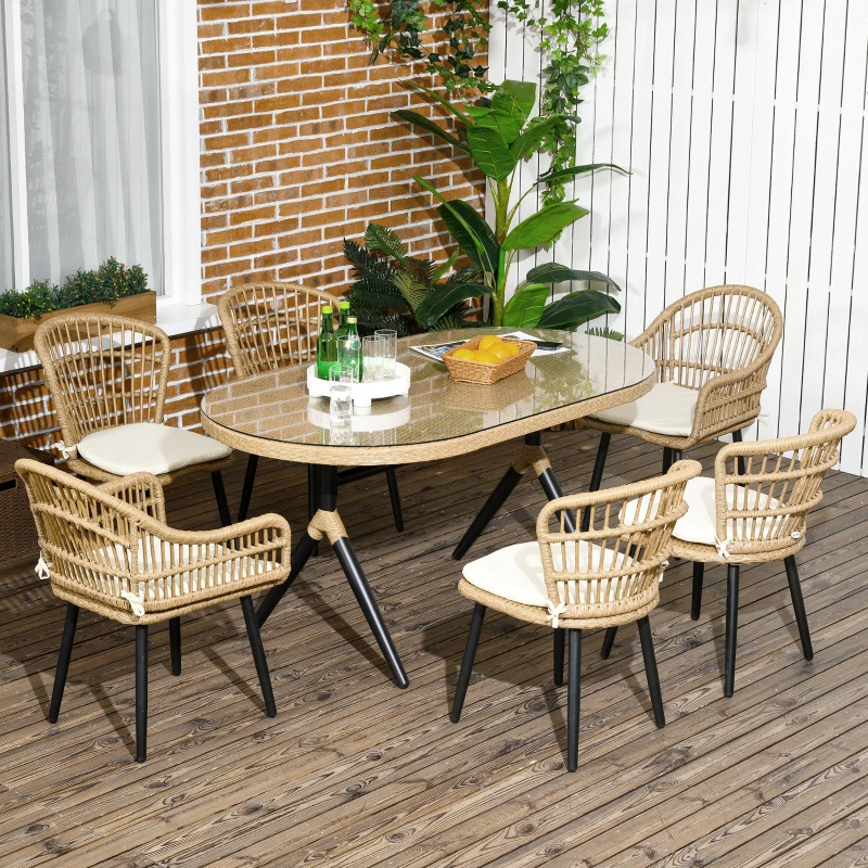 Outsunny Set da Giardino 7 Pezzi in Rattan PE con Tavolo da Pranzo 153x89x74 cm e 6 Sedie 52x62x78 cm con Cuscini