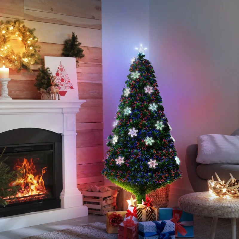 HOMCOM Albero di Natale Artificiale 150cm con Fibre Ottiche e 21 Luci LED, Decorazioni a Forma di Fiocco di Neve, Verde