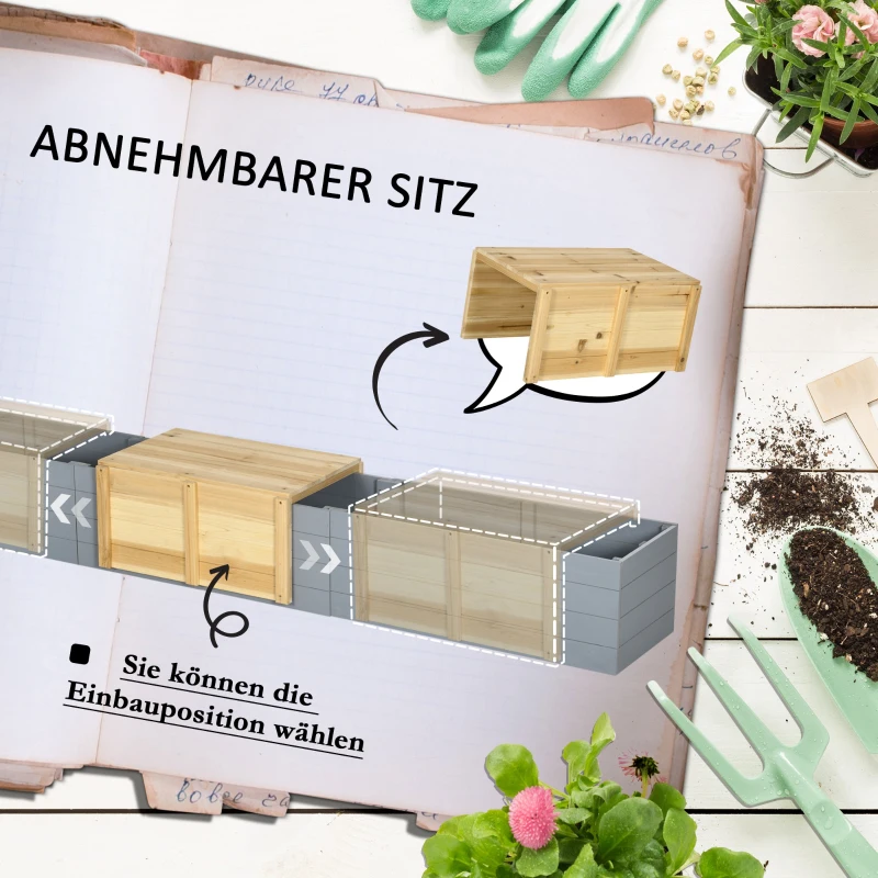 Outsunny Hochbeet mit Sitzbank Pflanzkasten mit Sitzbank, wetterbeständig, 240 cm x 42 cm x 32 cm, Blau + Natur