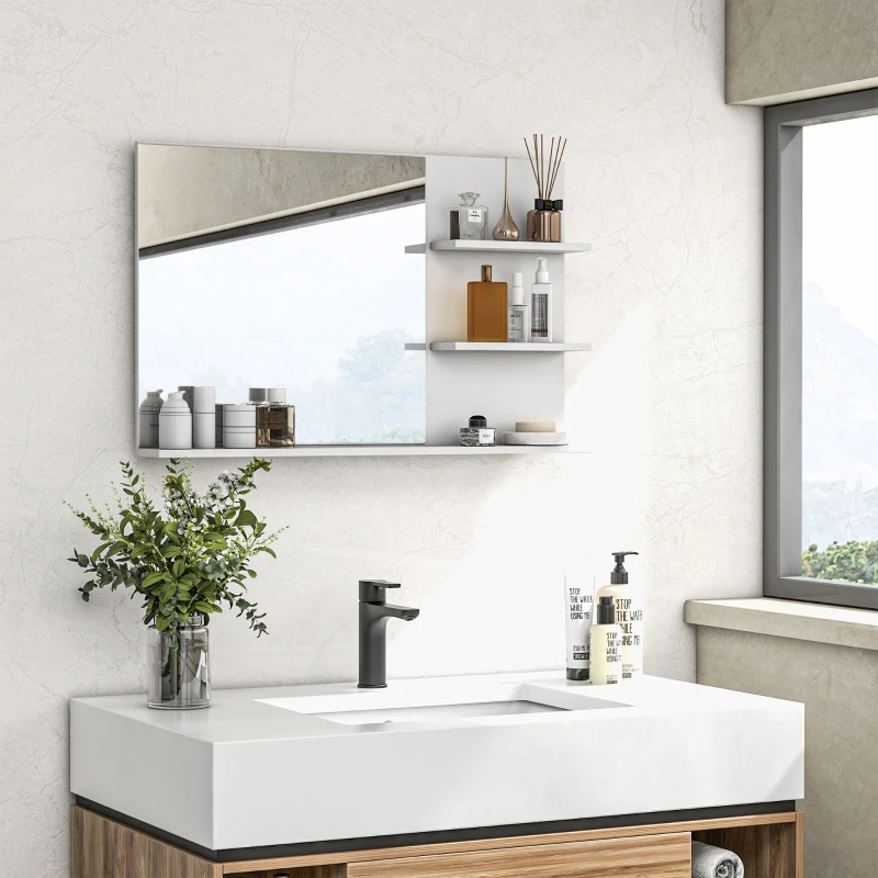 kleankin Specchio da Bagno a Parete con 2 Ripiani Laterali e Ripiano Inferiore, in MDF e Vetro con verniciata, 75x10x48 cm, Bianco | Aosom Italy