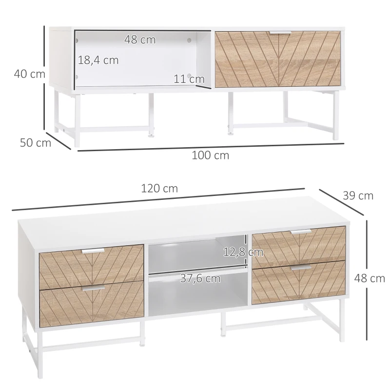 HOMCOM Table Basse + Meuble TV Design Contemporain Multi-rangement piètement métal Aspect Bois de chêne sculpté à Chevrons Blanc
