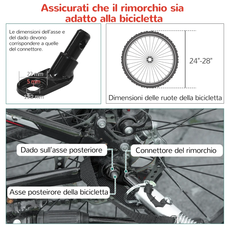 HOMCOM Rimorchio Bici per Bambini e Passeggino, Design 2 in 1 con Freno, Cintura a 5 Punti, Carrello Rimorchio per Bicicletta con Tasche Laterali, Catarifrangenti e Bandierina, Rosso