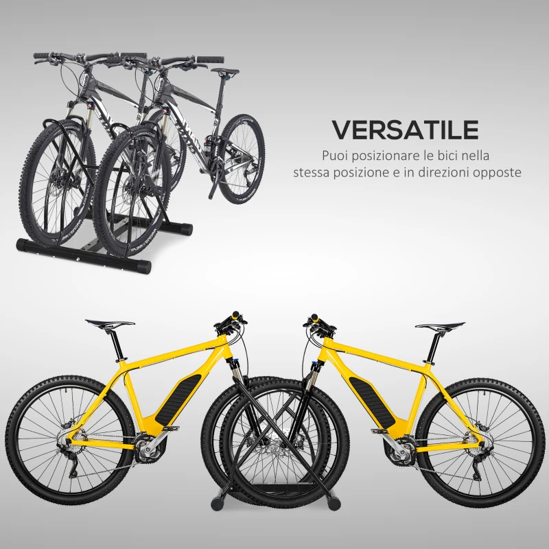 HOMCOM Rastrelliera da Terra per 2 Biciclette con Pneumatici fino 6.5 cm, Telaio Orientabile in Acciaio Nero, 60x54x57cm