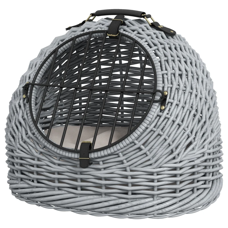 PawHut Wicker Pet Carrier Basket Cat Kitten Bed Portable Travel Cage w/ Soft Cushion Handle Grey 50 x 40 x 40 cm