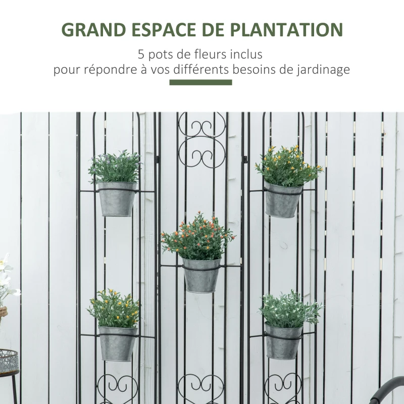 Outsunny Étagère de Pots de Fleurs Plantes en métal Style Fer forgé - Support de Plantes Pliable métal à Planter - 5 Pots Fleurs Inclus