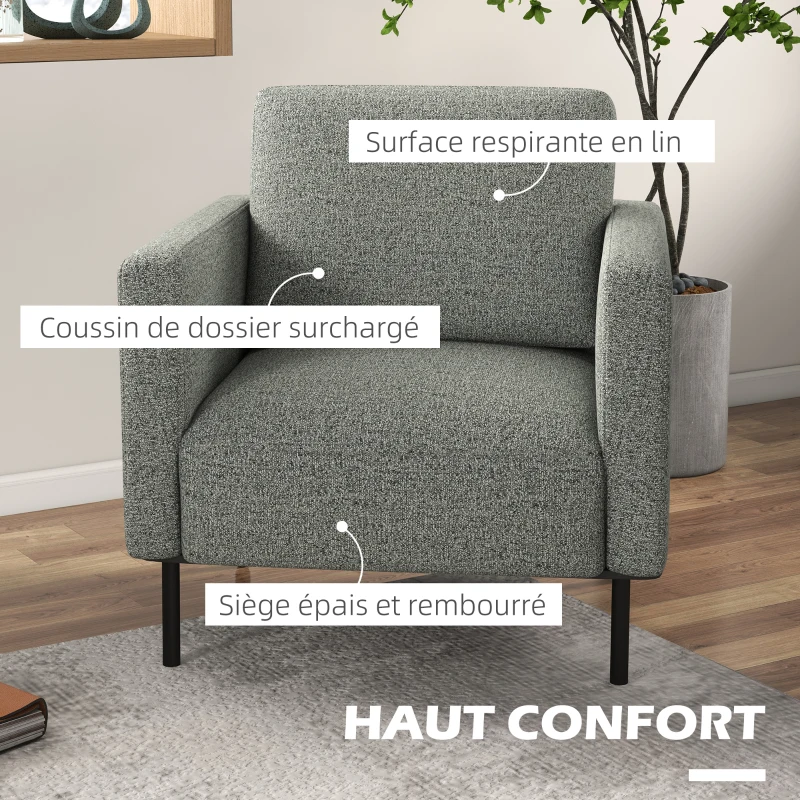 HOMCOM Fauteuil de salon fauteuil en tissu 1 place revêtement revêtement aspect lin pieds en acier 79 x 76 x 65 cm gris noir