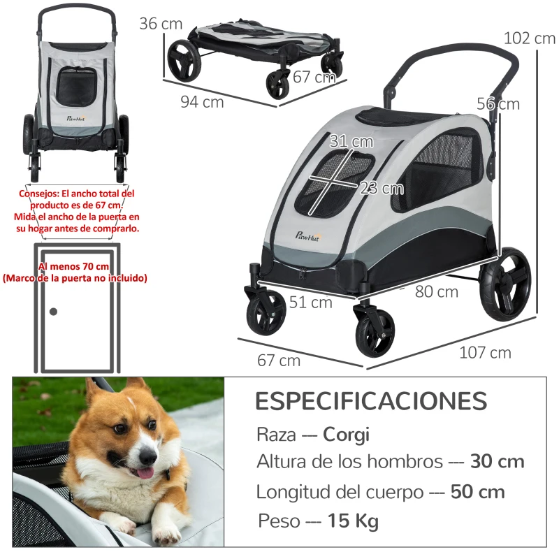 PawHut Carrito para Perros con Ventanas Bolsillo de Almacenaje Correas de Seguridad y 2 Ruedas Universales 107x67x102 cm Gris(m-3)