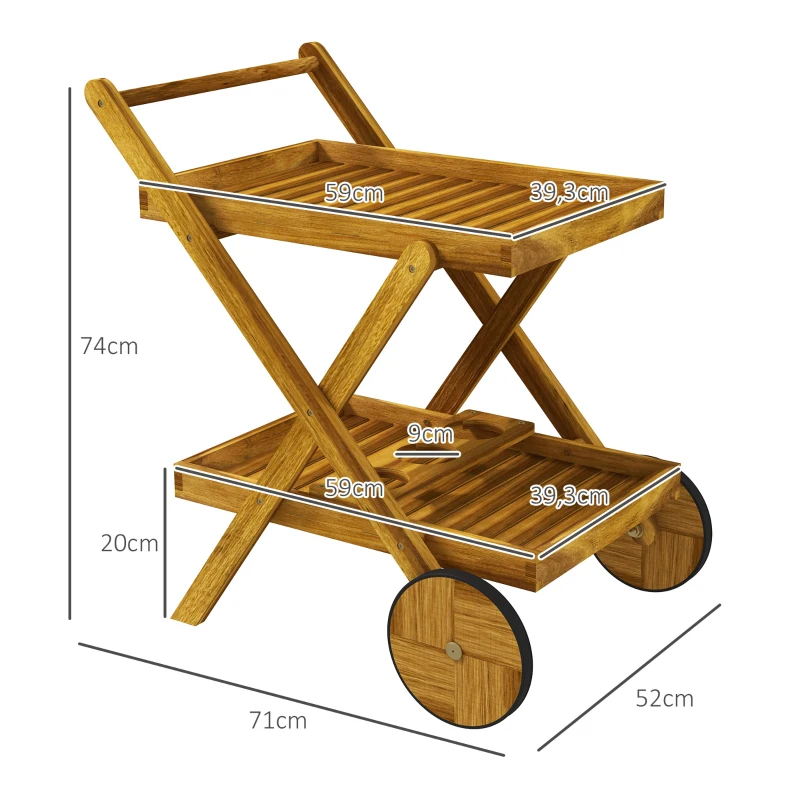Outsunny Desserte de jardin chariot pour barbecue en bois avec 2 plateaux, 3 casiers à bouteilles et 2 roues bois naturel