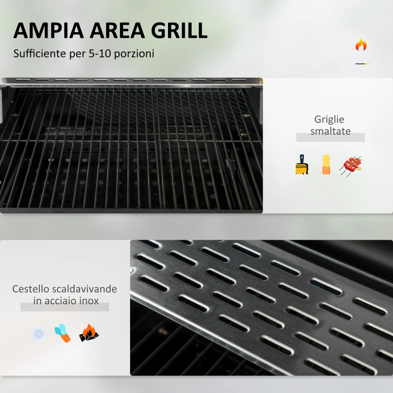 Outsunny Barbecue a Carbone con Coperchio con Termometro, Griglia Regolabile, Ruote e Tavolini, Nero