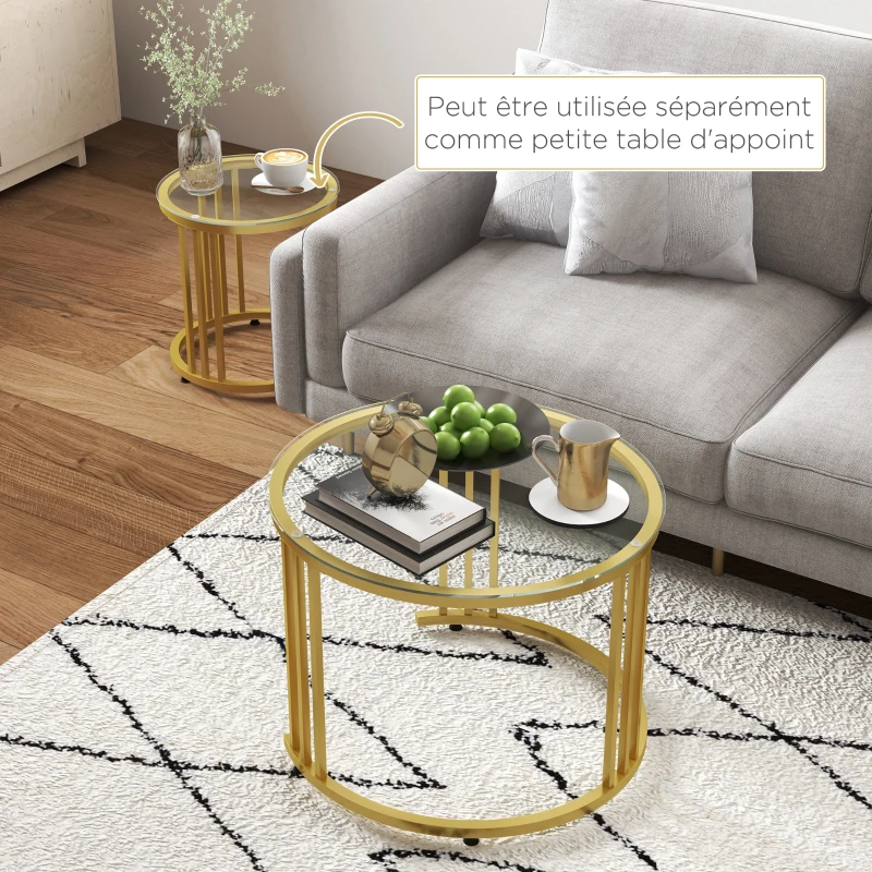 HOMCOM Lot de 2 tables basses gigognes rondes 60/40 cm plateau verre trempé et pied en acier au carbone design moderne doré