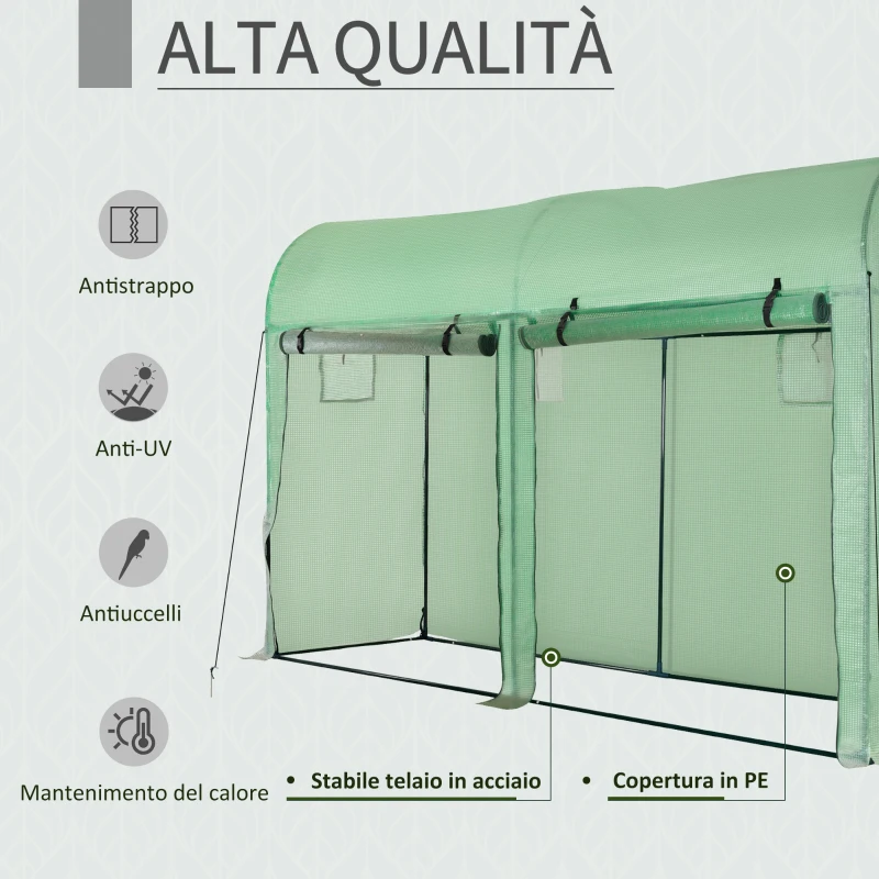 Outsunny Serra Tunnel da Giardino per Piante e Orto, Serra da Balcone con 2 Porte Avvolgibili e 4 Finestre, Copertura in PE Struttura in Acciaio, 3x1x2m