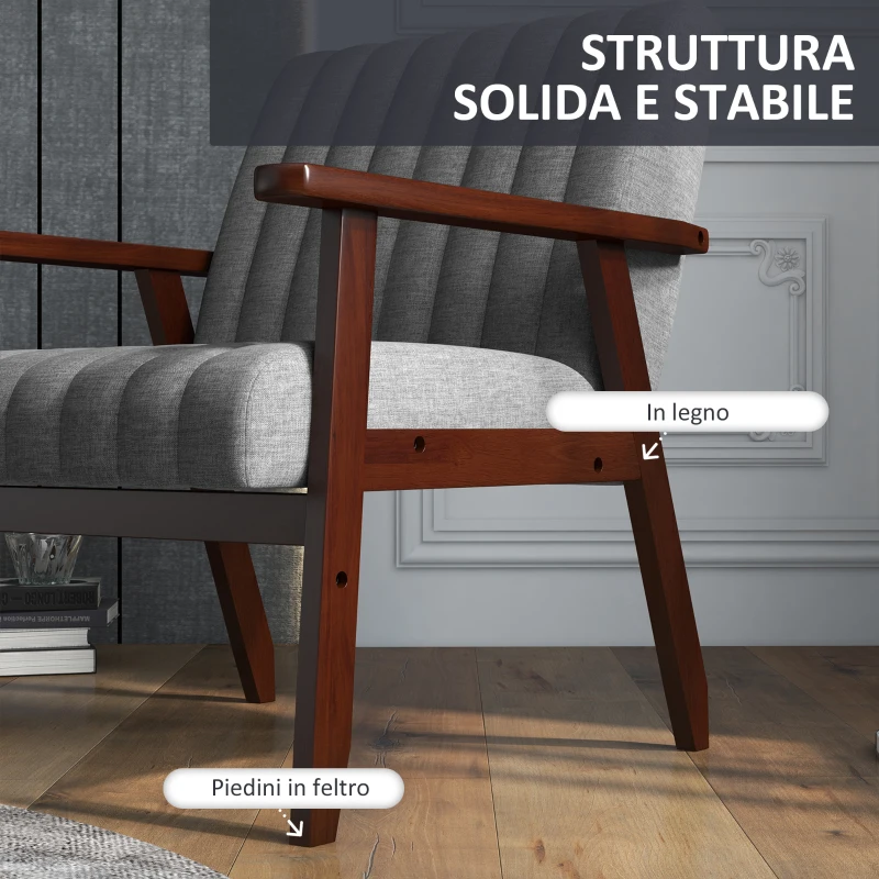 HOMCOM Poltroncina da Camera Moderna Imbottita in Tessuto e Legno con Cuciture Tubolari, Grigio