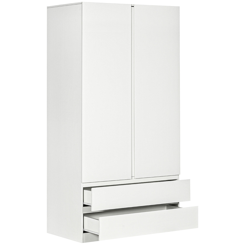 HOMCOM Armadio Guardaroba in Truciolato Bianco con Appendiabiti e 2 Cassetti Scorrevoli per Camere da Letto, 100x60x200 cm
