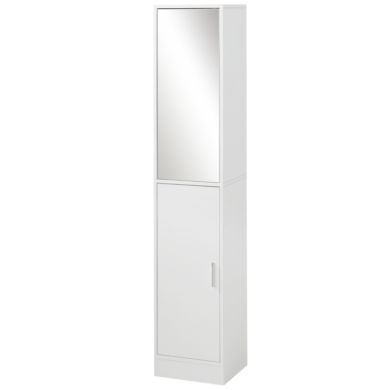 kleankin Armario para Baño Alto Mueble Columna de Baño con Espejo 2 Puertas y Estantes Ajustables Multiusos 32x28x162 cm Blanco