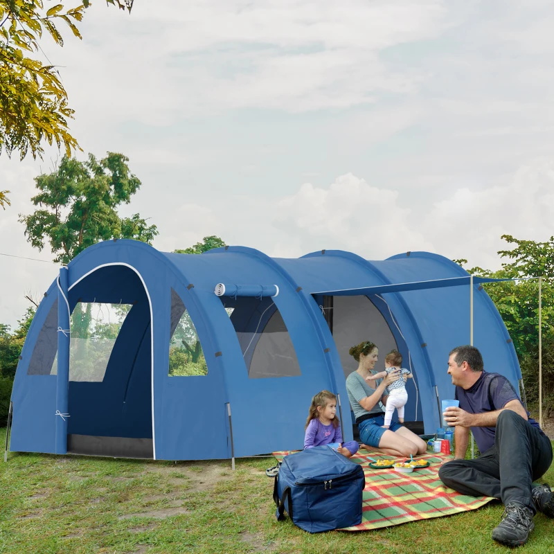 Outsunny Tenda da Campeggio per 5-6 Persone con 2 Porte, Finestre e Tasche Portaoggetti, 475x315x215 cm, Blu