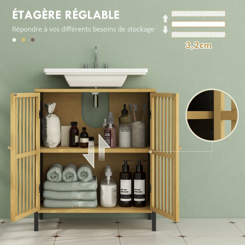 HOMCOM Meuble sous vasque 2 portes avec étagère réglable armoire de rangement pour lavabo 60 x 30 x 70 cm MDF et bambou
