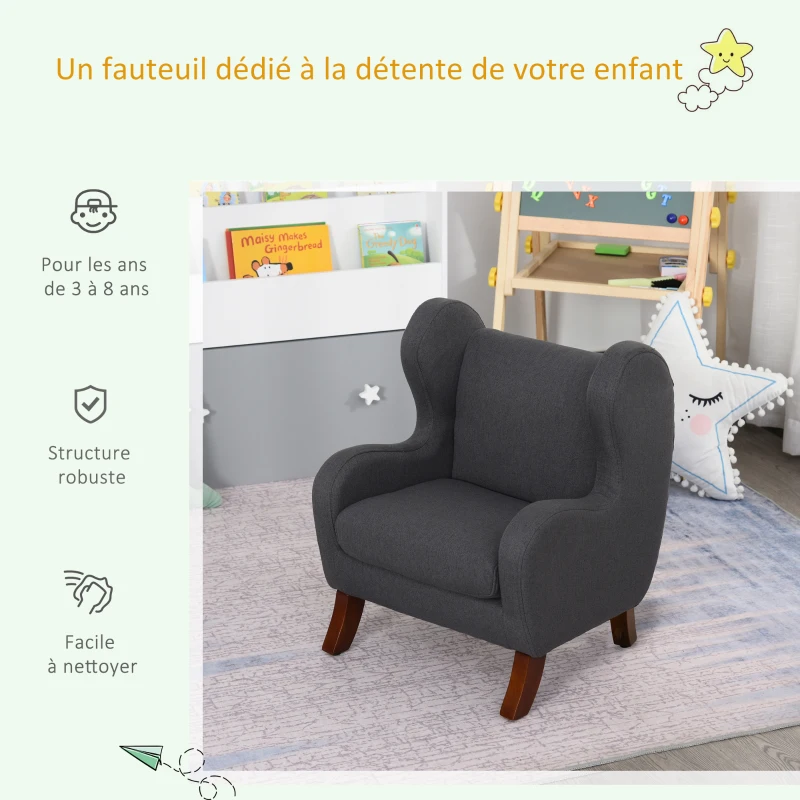 HOMCOM Fauteuil Enfant Oreilles Grand Confort accoudoirs Assise Dossier garnissage Mousse Haute densité piètement Bois hévéa Verni Lin Gris