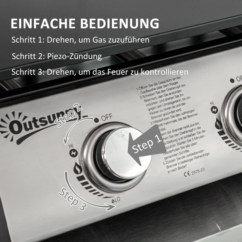 Outsunny Gasgrill mit Deckel, 3 Brennern, Fettauffangschale, antihaft-Platte, 63x47x25 cm, Schwarz/Silber