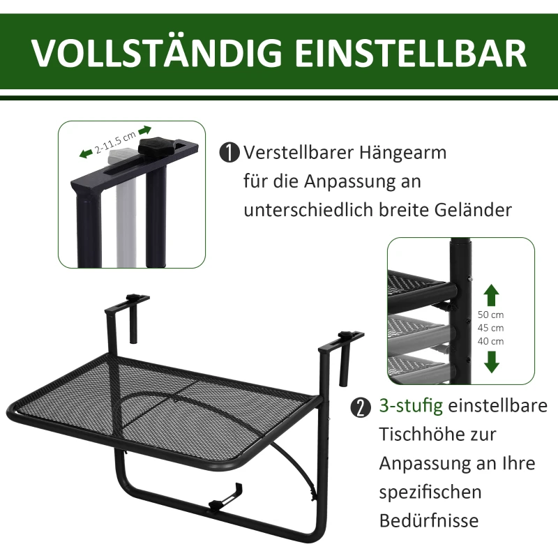 Outsunny Balkonhängetisch Gartentisch höhenverstellbar viereckig Terrasse Metall Schwarz L60 x B56,5 x H45 cm