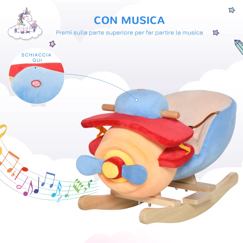 HOMCOM Cavallo a Dondolo a Forma di Aeroplano per Bambini di Età Superiore a 18 Mesi, Cacalluccio a Dondolo con Musica Incorporata in Legno Alamo, Max:60kg 60x33x45cm