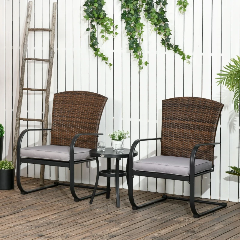 Outsunny Rattan Gartenmöbel-Set für 2 Personen inkl. Couchtisch und 2 Schaukelstühle, mit Kissen, Stahl, Braun
