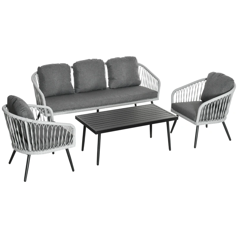 Outsunny Polyrattan Gartenmöbel Set für 5 Personen Sitzgruppe mit Kissen Alu Grau