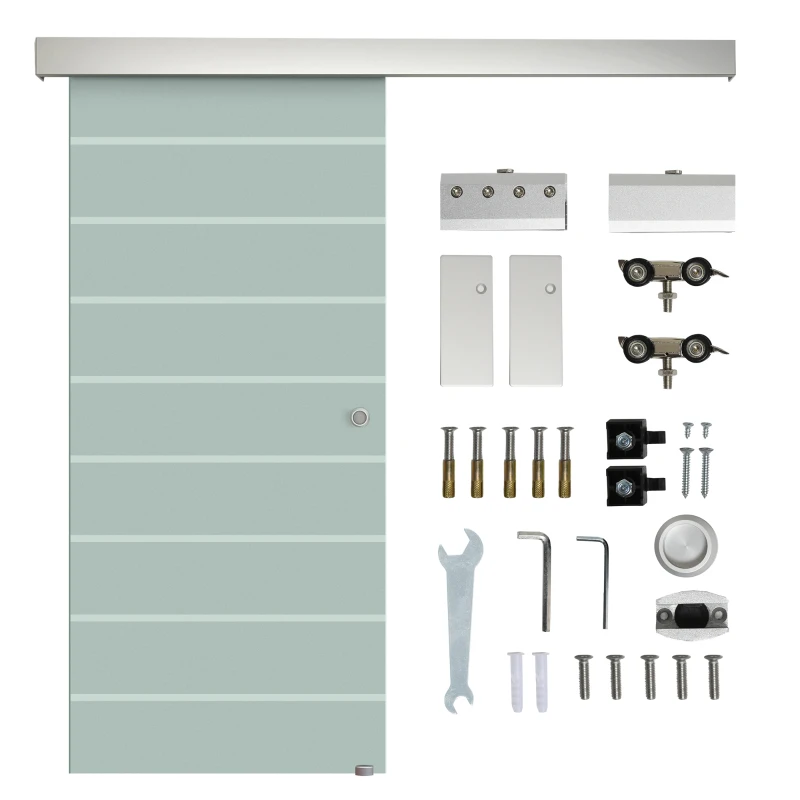 HOMCOM Porta Scorrevole Interna in Vetro Smerigliato e Satinato con Binario B1 e Maniglia per Bagno Cucina Studio Vetro 205x 90x 0,8cm