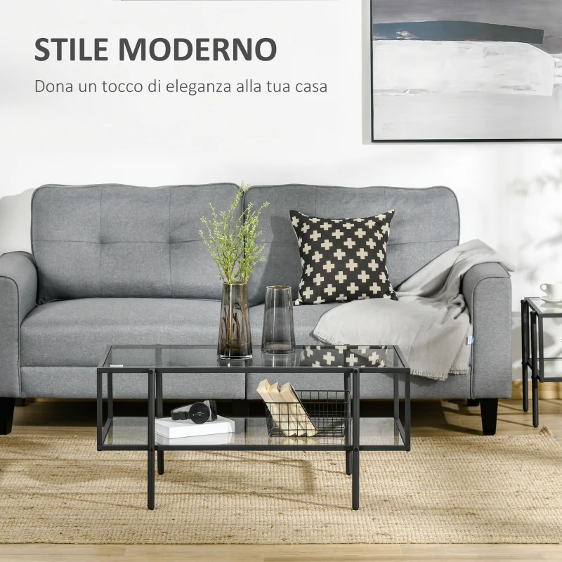 HOMCOM Tavolino da Salotto a 2 Livelli in Acciaio e Vetro Temperato per Casa e Ufficio, 100x55x45.5 cm