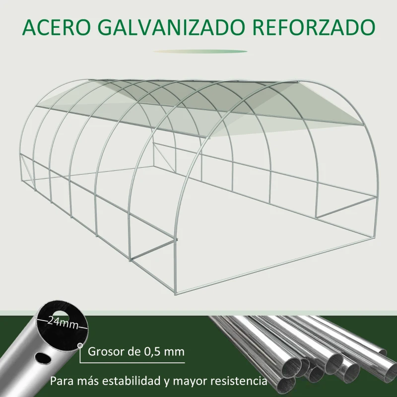 Outsunny Invernadero de Túnel 6x3x2 m Invernadero de Jardín con Puerta y 12 Ventanas Enrollables de Polietileno 140g/㎡ y Acero Galvanizado Huerto para Cultivos Plantas Flores Blanco